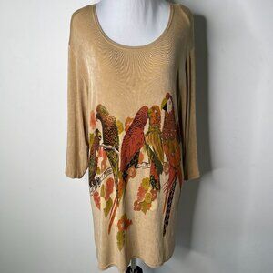 Vintage Remake Pour Pollen Tan Long Sleeve Birds Print T-Shirt Short Tunic